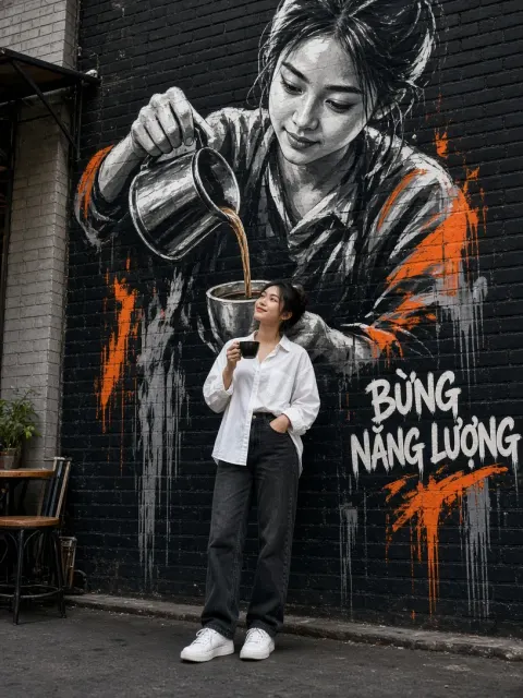 Girl Coffee Mural Street Art Illusion AI Prompt
