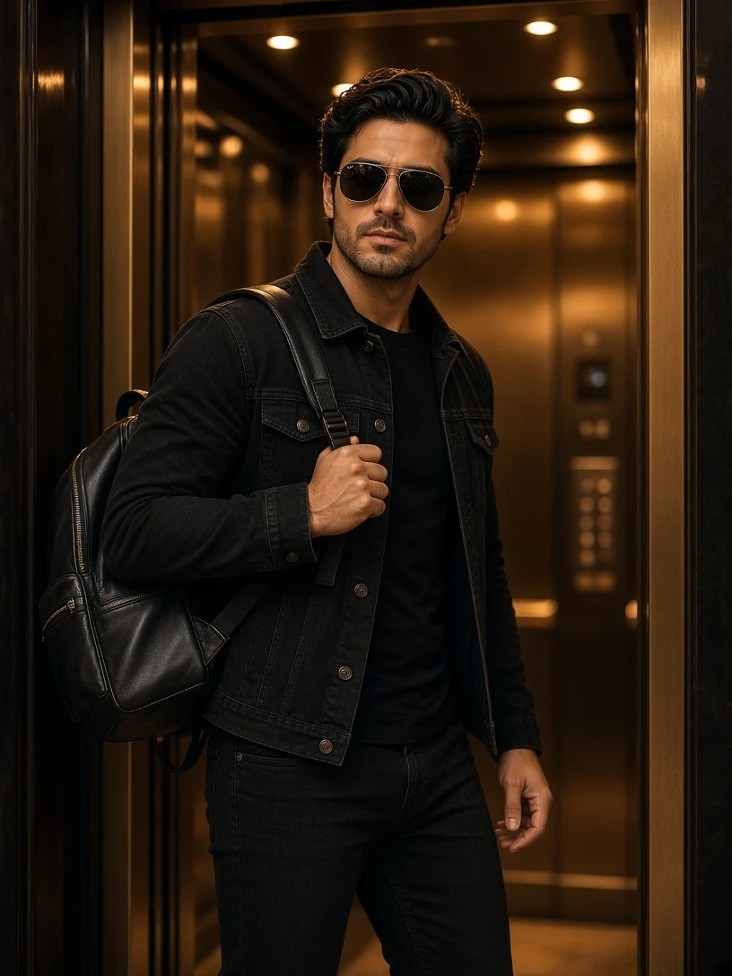 Stylish Man in Black Denim Elevator Portrait