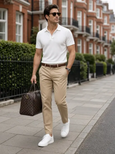 Off-Duty Model Look – White Polo, Chinos, Duffel Bag
