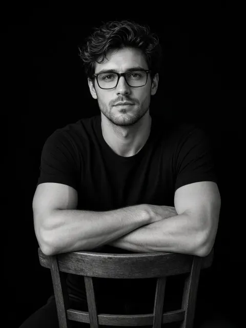 Man Sitting on Chair B&W Portrait AI Prompt