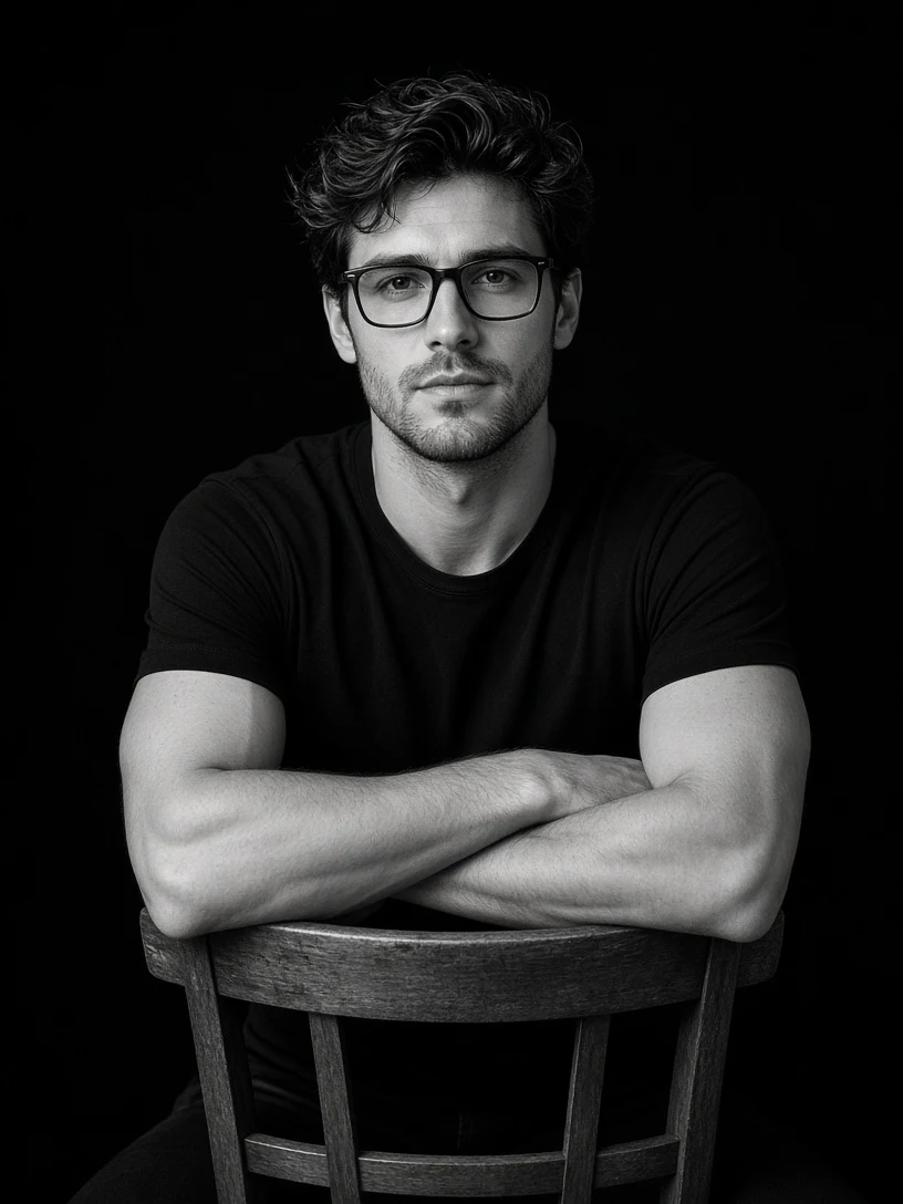 Man Sitting on Chair B&W Portrait AI Prompt