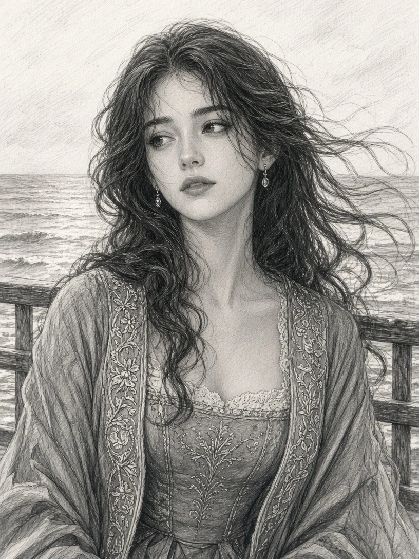 Vintage Ocean Portrait Sketch