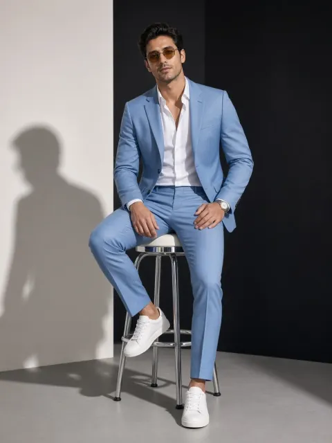 Sky Blue Suit Studio Photo AI Prompt