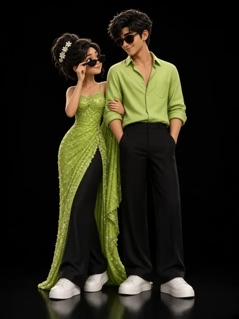 3D Cartoon Couple in Matching Green Outfits
