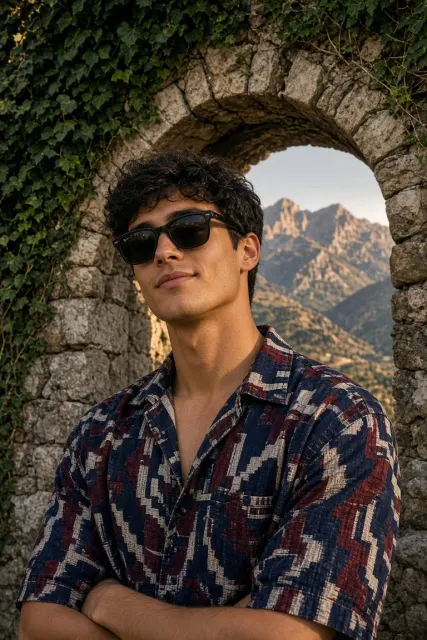 Arched frame, striped shirt
