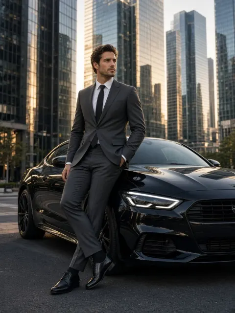 Modern City Street Portrait of Businessman and Car