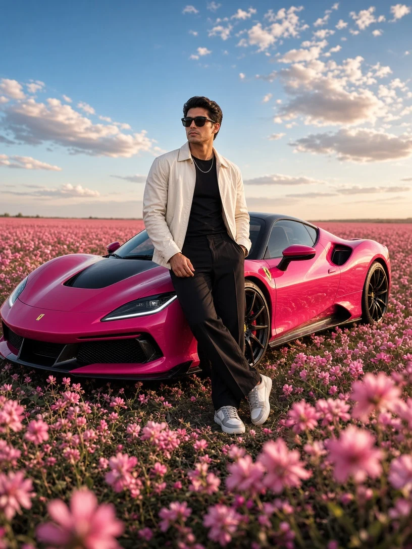 Luxury Lifestyle Portrait in a Vibrant Field of Pink Flowers