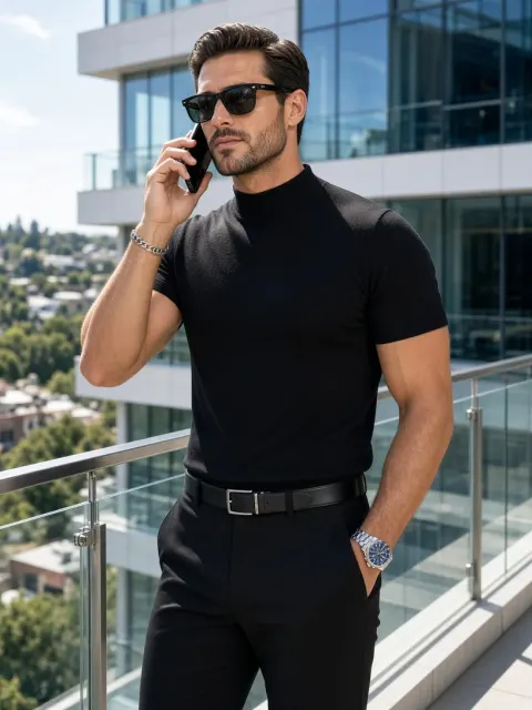 Sleek All-Black Menswear Fashion Portrait