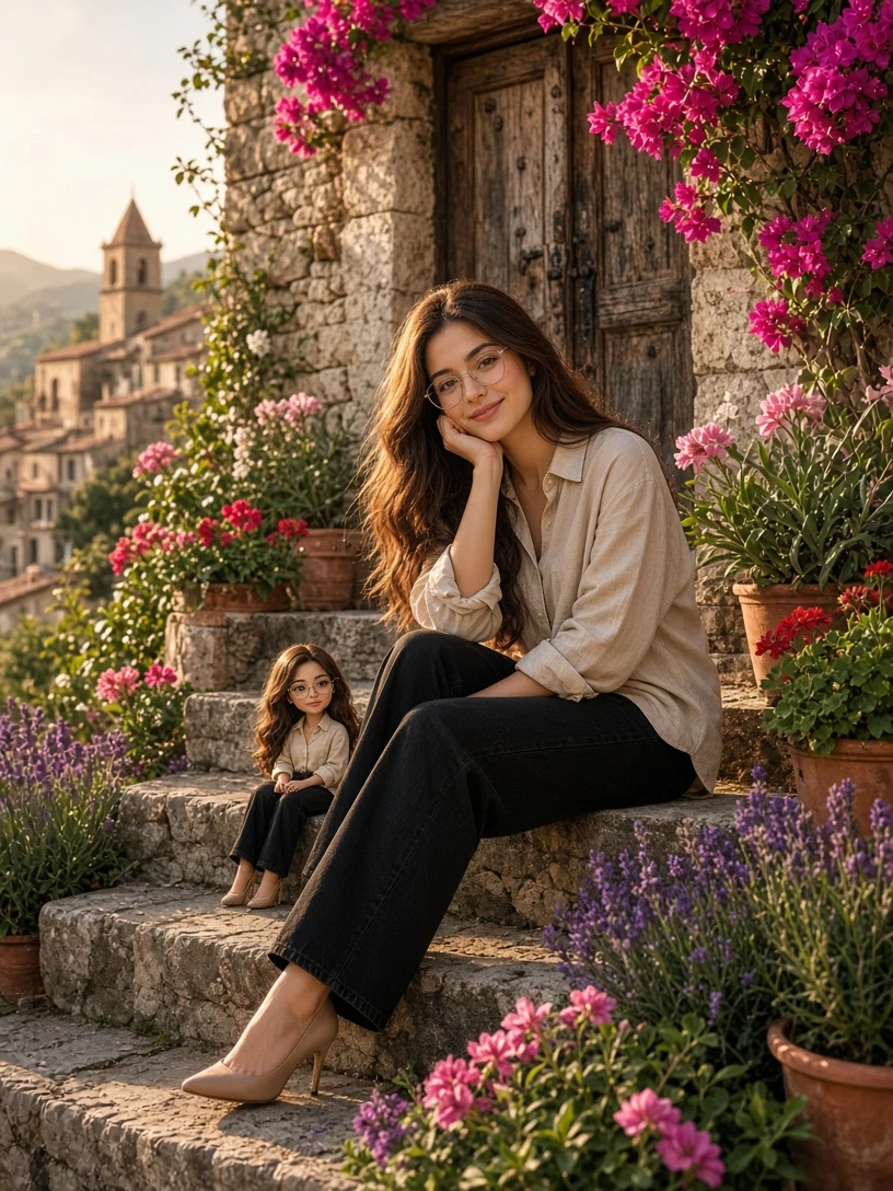 Smiling Woman and Mini Me Doll Portrait
