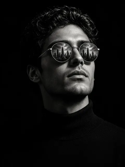 B&W City Skyline Reflection Portrait AI Prompt