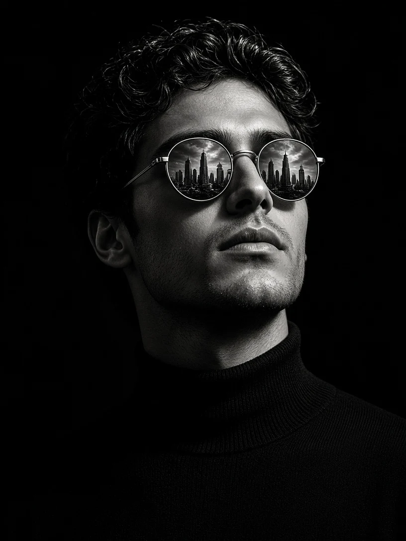 B&W City Skyline Reflection Portrait AI Prompt