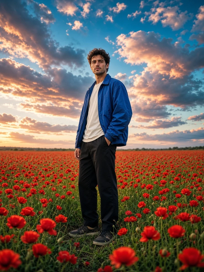 Handsome Man Standing in Red Poppy Field Portrait