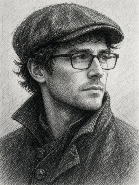 Detailed Pencil Sketch of Man in Flat Cap