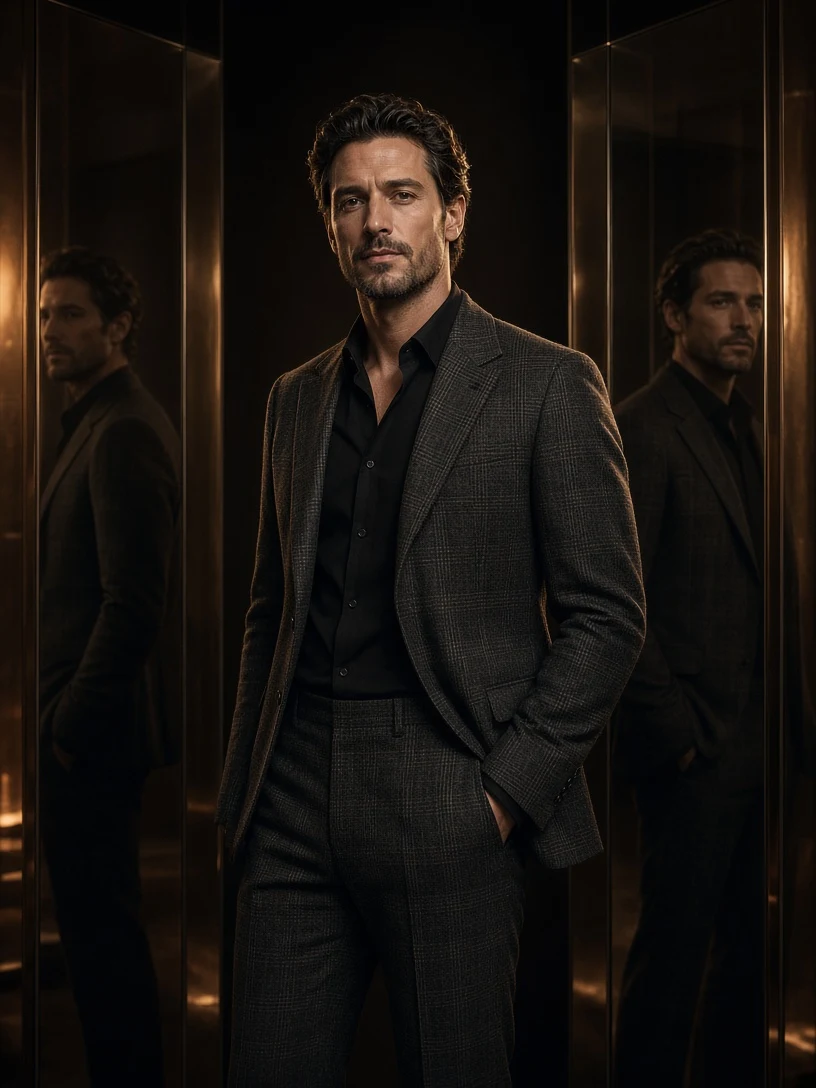 Man in Grey Plaid Suit Reflection