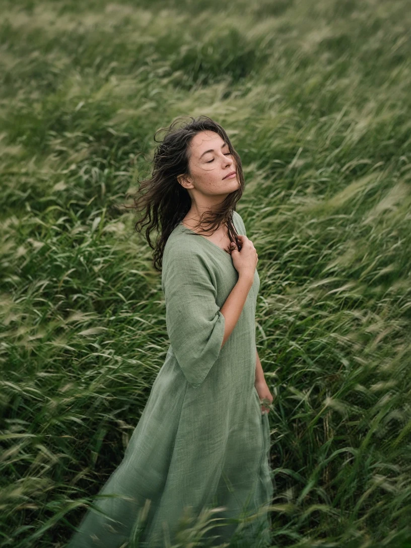 Serene Woman in Wind Green Field
