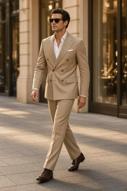 Man in Beige Double Breasted Suit Walking in City