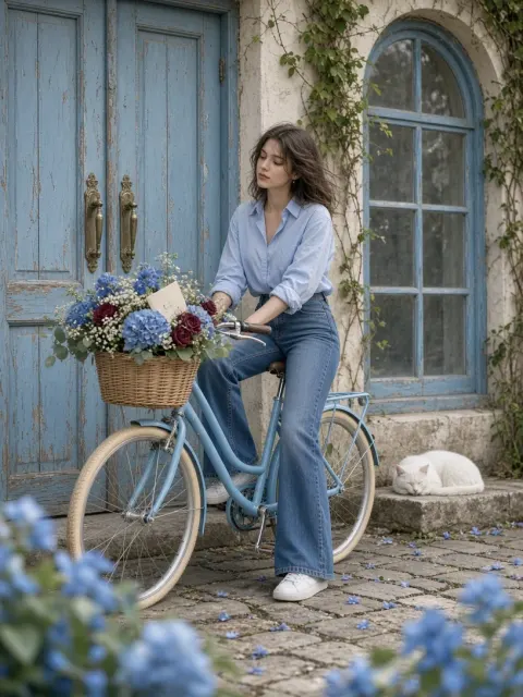 Aesthetic Woman with Floral Basket & Vintage Bike
