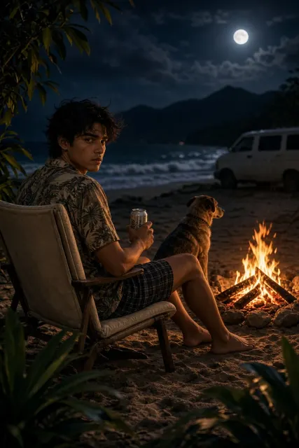 Night beach campfire