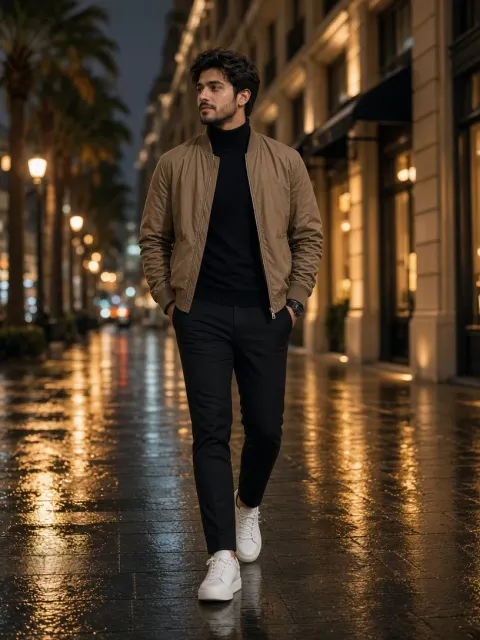 Stylish Man Walking on City Night