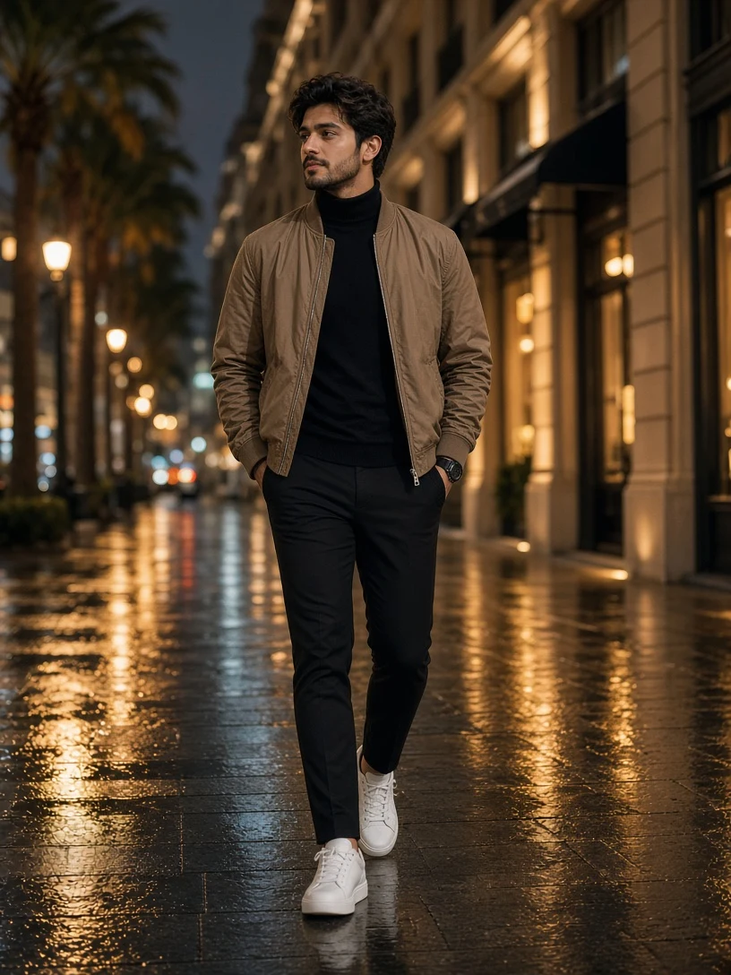 Stylish Man Walking on City Night