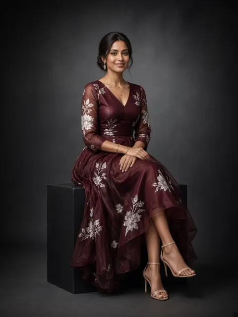 Woman in a Burgundy Floral Dress