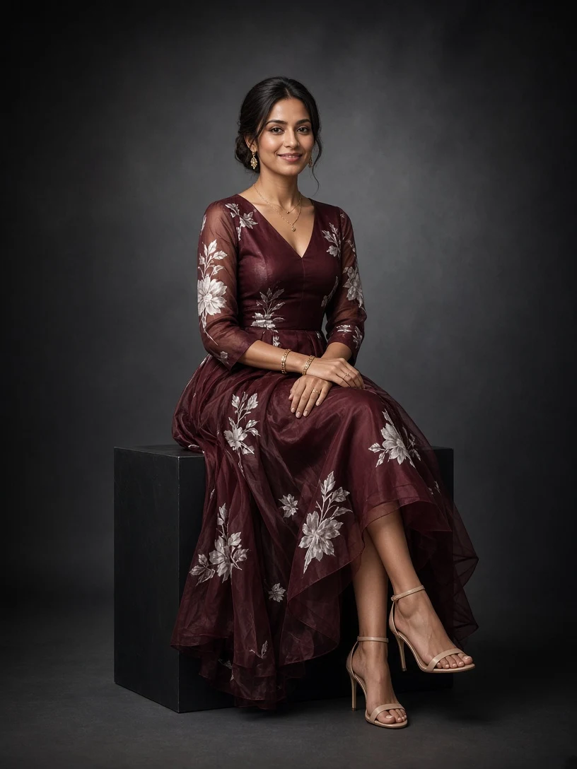 Woman in a Burgundy Floral Dress