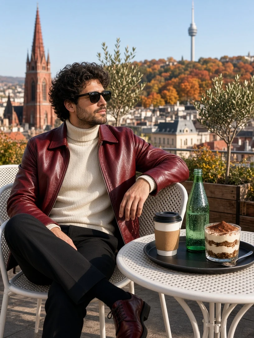 Stylish Man at Rooftop Cafe Autumn Portrait