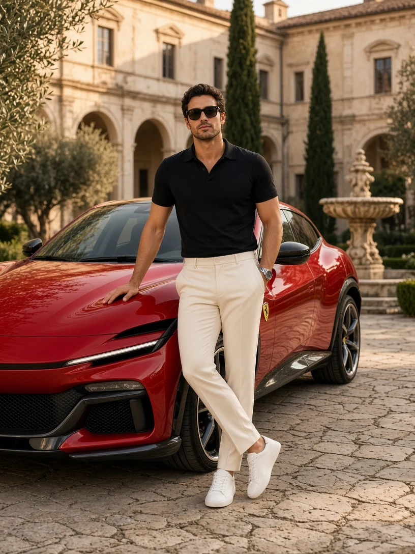 Tuscan Villa Elegance: Man & Red Sports Car