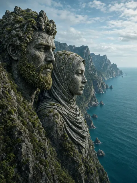 Cliffside Couple Sculpture AI Prompt