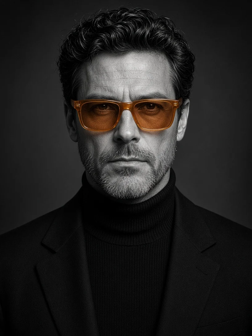 Dramatic B&W Portrait with Amber-Orange Glasses