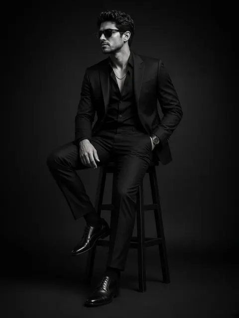 Sharp Dressed Man Sitting on a Wooden Barstool