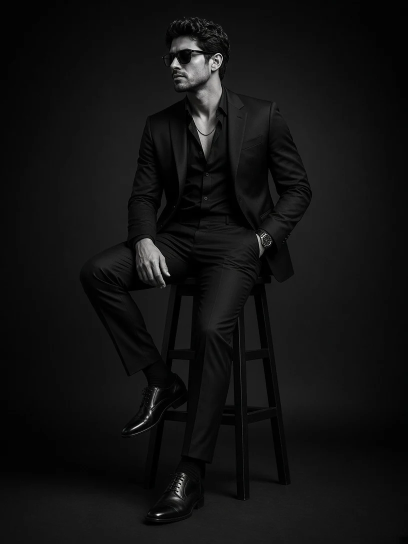 Sharp Dressed Man Sitting on a Wooden Barstool