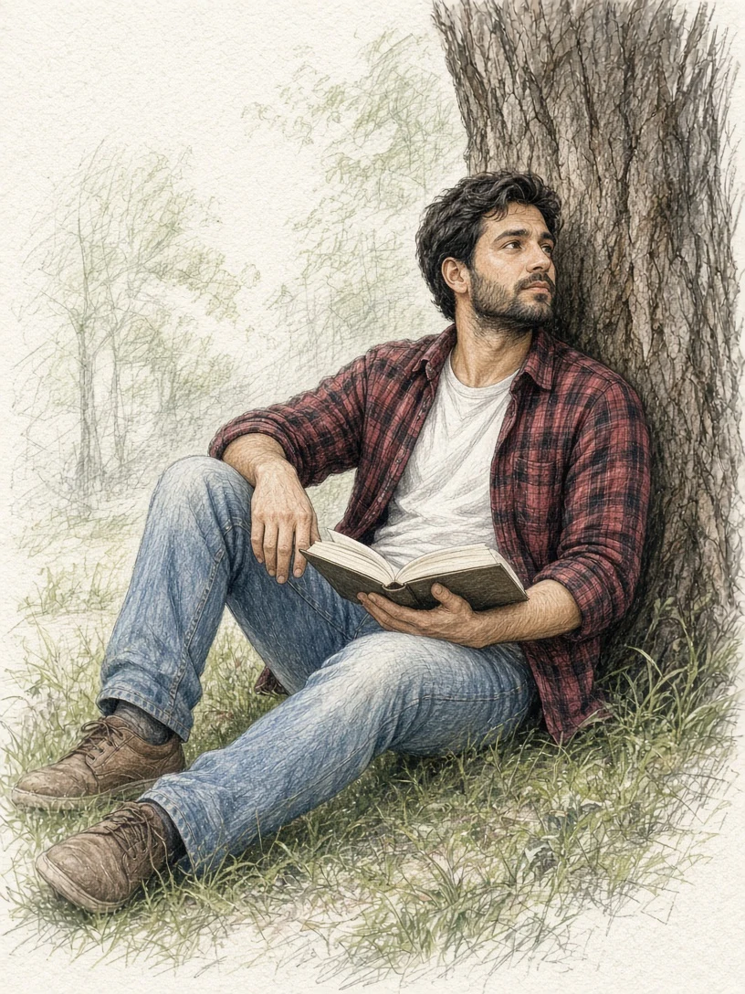 Colored Pencil Sketch of Young Man Reading
