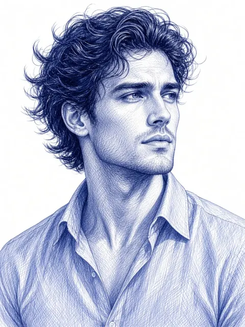 Ballpoint Pen Drawing of Handsome Male