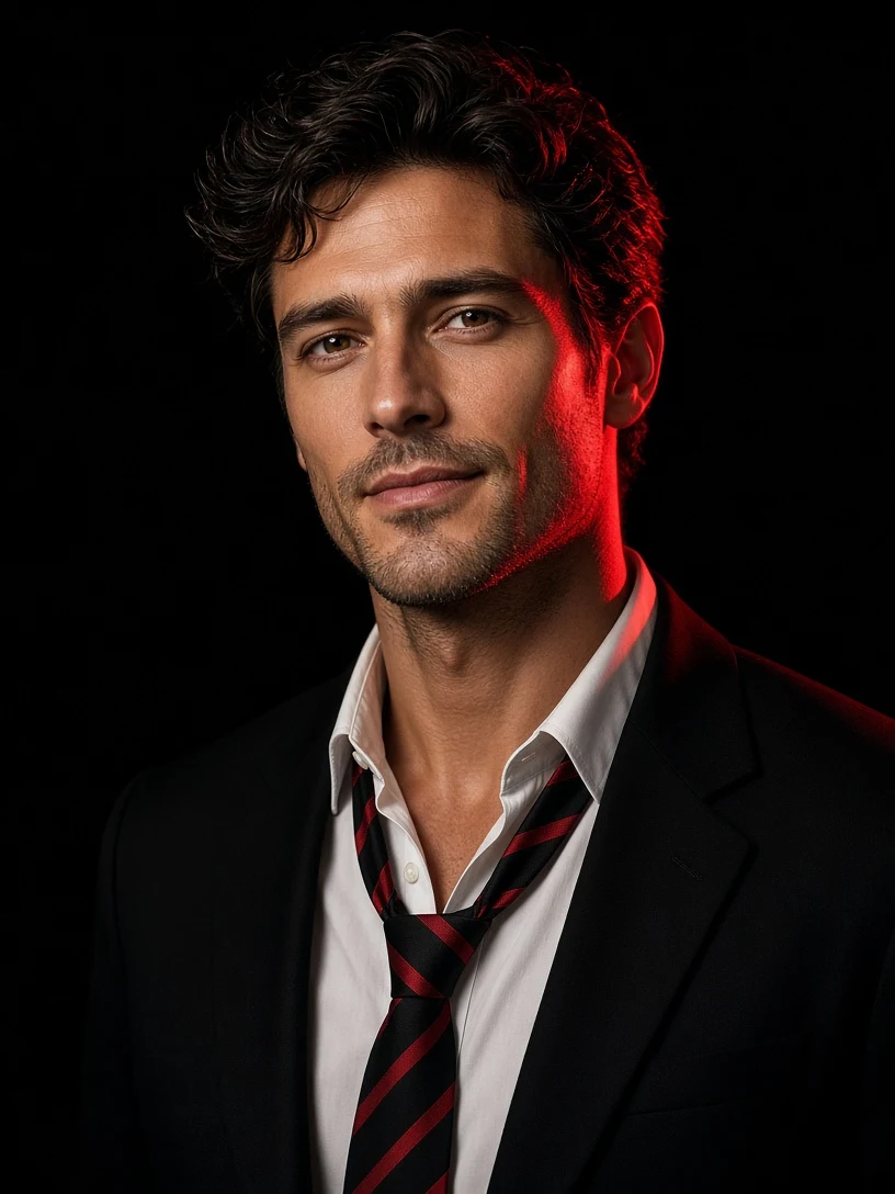 Man with Loosened Tie in Dramatic Red Lighting