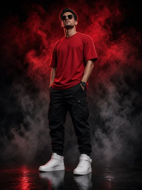 Man Red Smoke Studio Fashion Photo Prompt