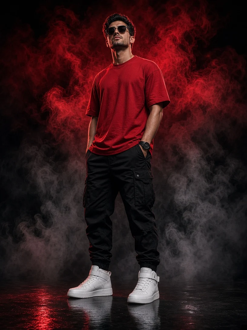 Man Red Smoke Studio Fashion Photo Prompt