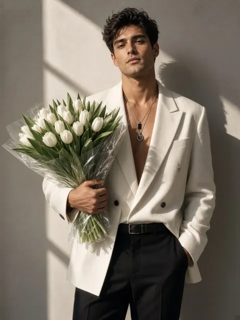 Romantic Men's Fashion Portrait with Flowers