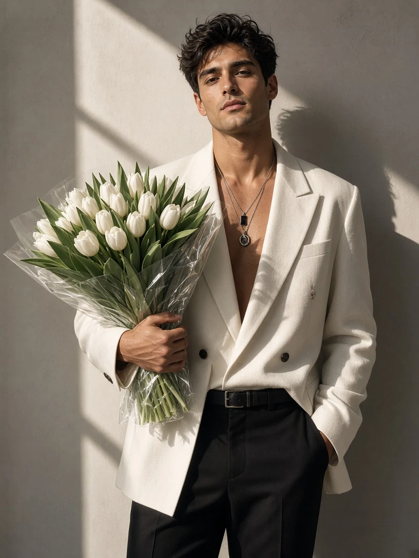 Romantic Men's Fashion Portrait with Flowers