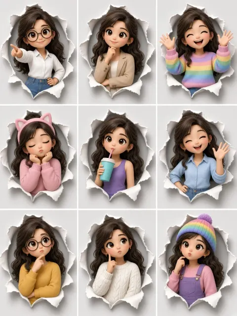 3D Girl Avatar Sticker Sheet Grid