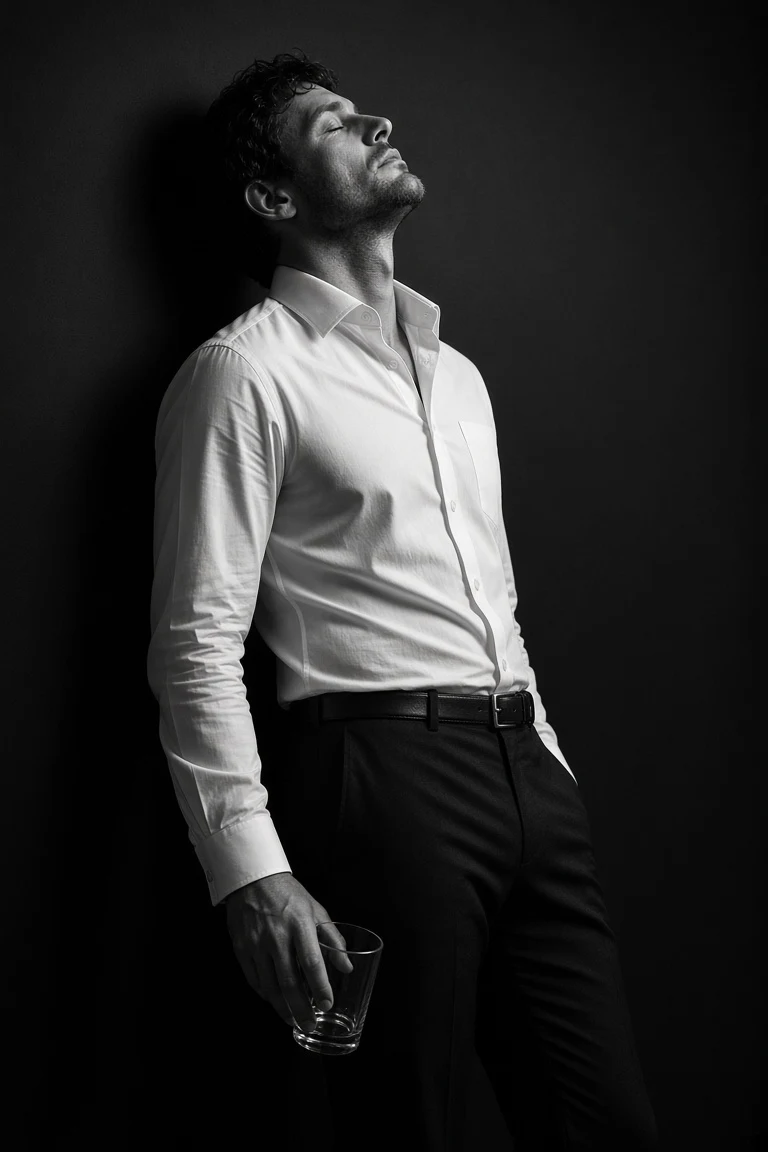 Black and White Profile of Man Holding Glass