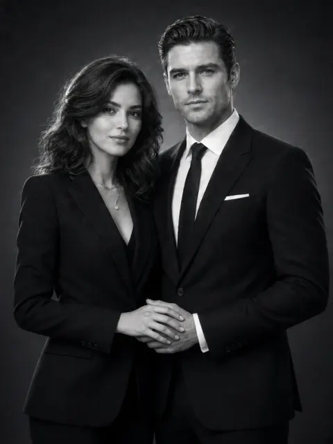 Power Couple in Business Suits Studio Portrait