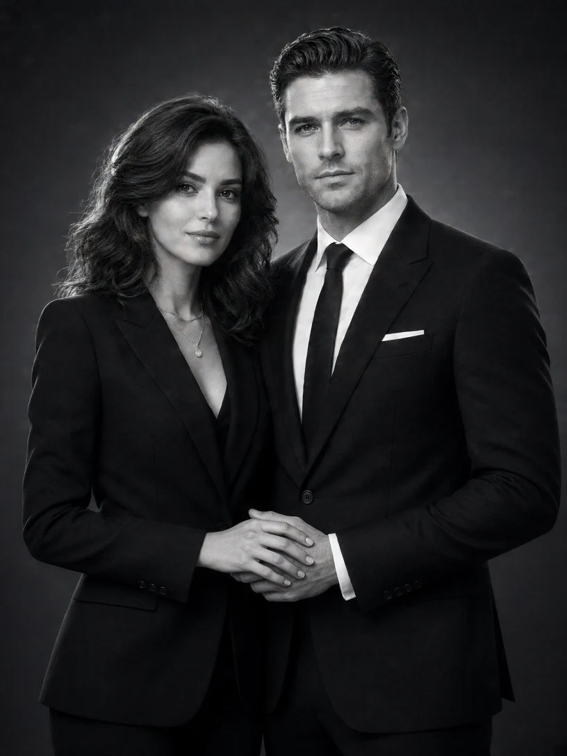 Power Couple in Business Suits Studio Portrait