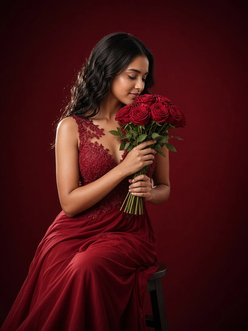 Smiling Woman in Red Gown