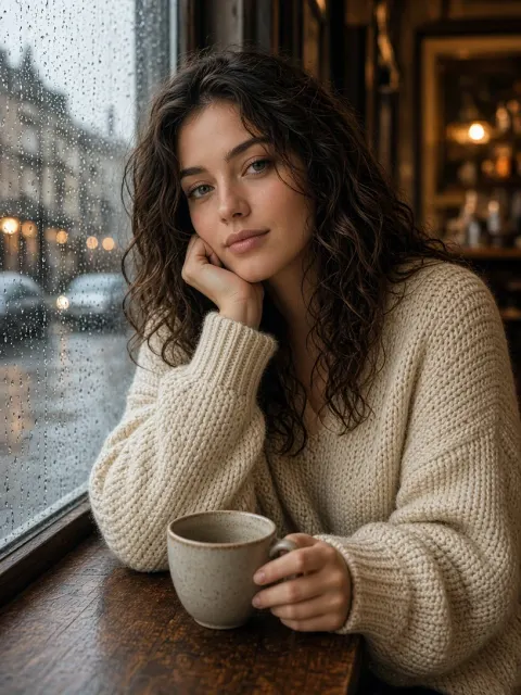 Cozy Cafe Rainy Window Portrait
