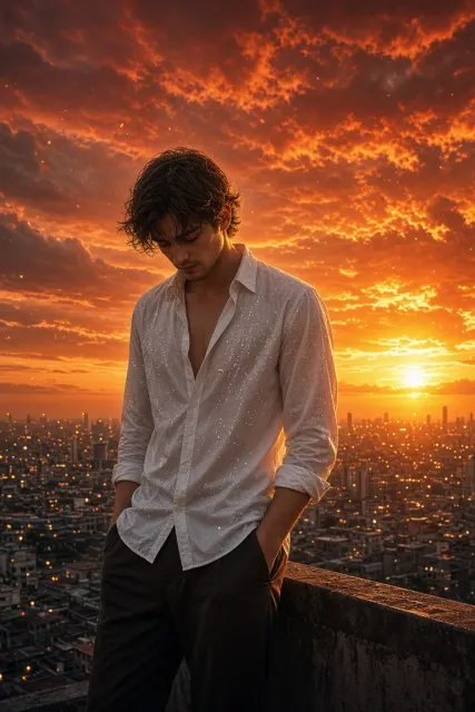 Dramatic Sunset Rooftop Contemplative Portrait Prompt