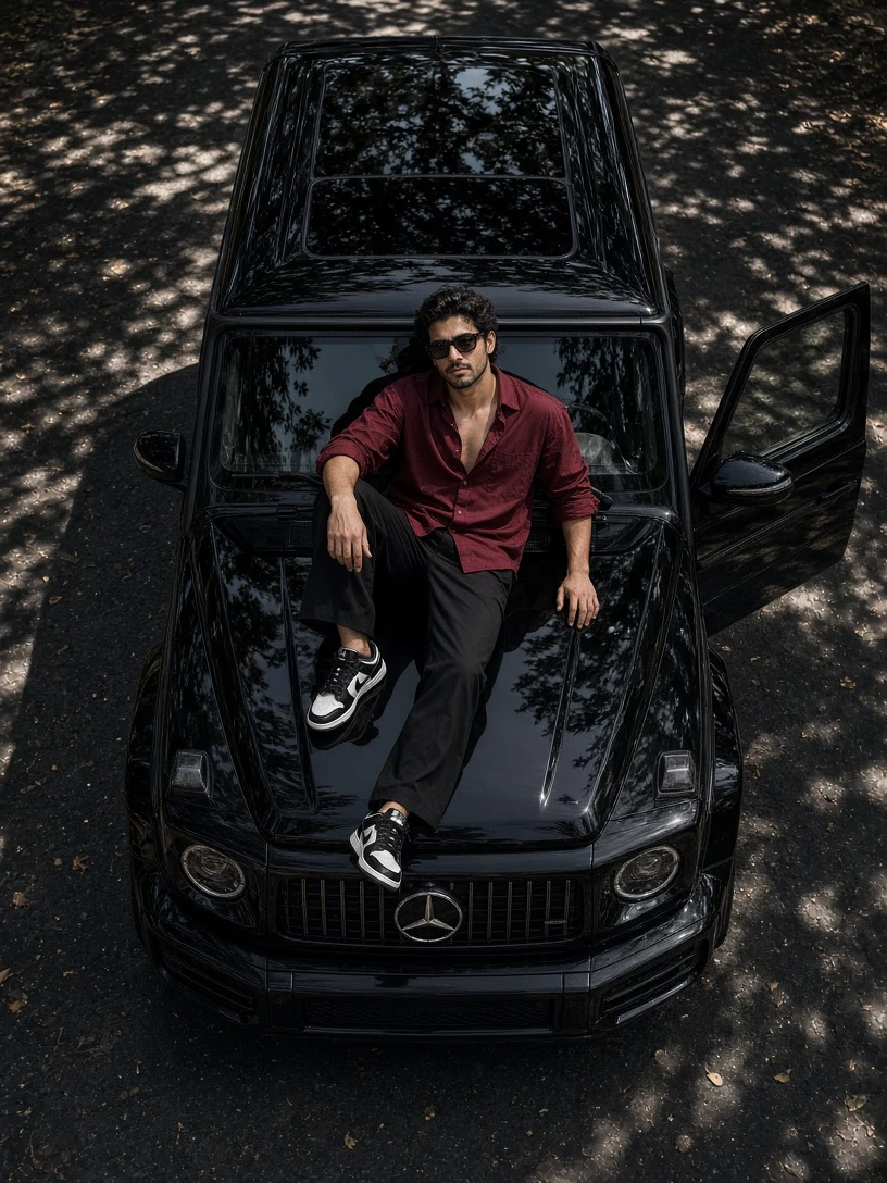 Rich Aesthetic Guy in Burgundy Shirt Portrait