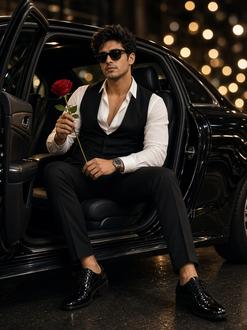 Man with a Rose in a Luxury Car