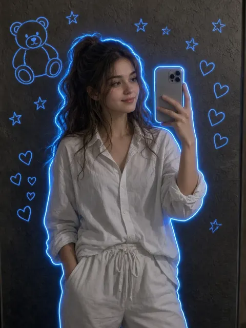 Aesthetic Blue Glowing Outline & Doodles Mirror Selfie Prompt