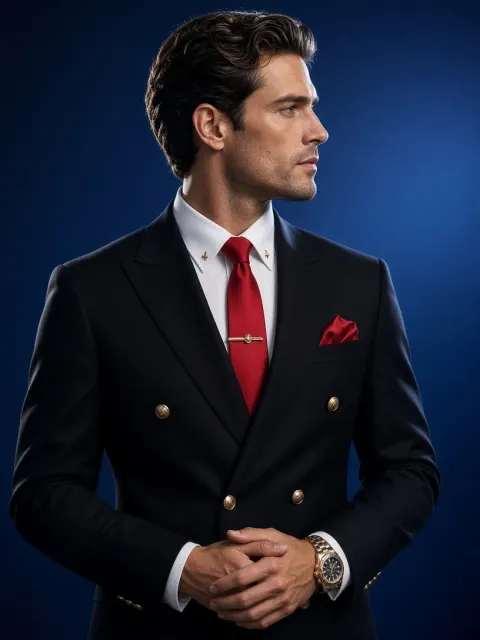 Man Black Suit Red Tie Blue Background Profile Photo Prompt